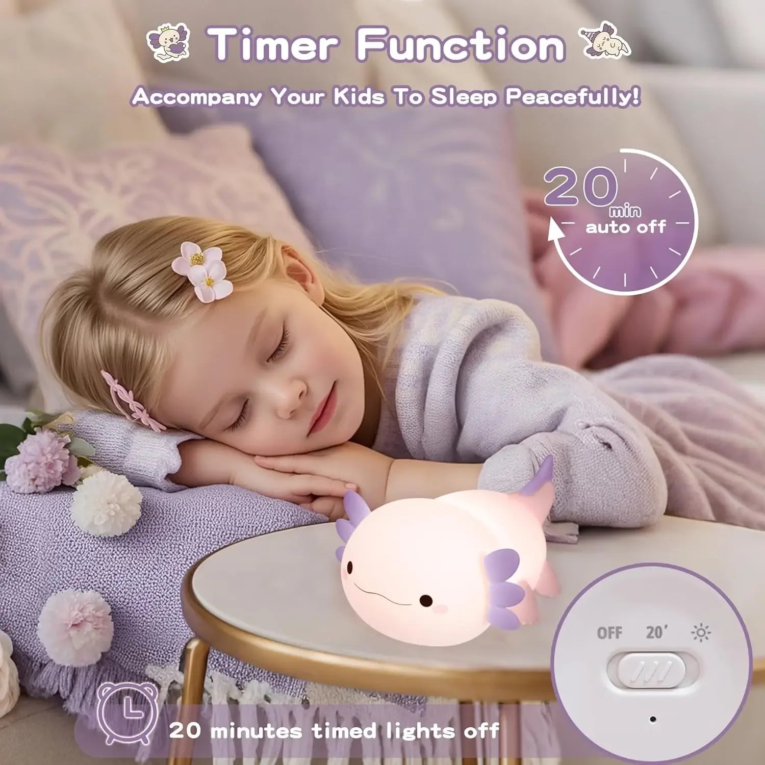 Night Light for Kids,Cute Purple Axolotl Lamp ,LED Squishy Nursery Nightlight,  Soft Silicone Novelty Animal Bedside Lamp