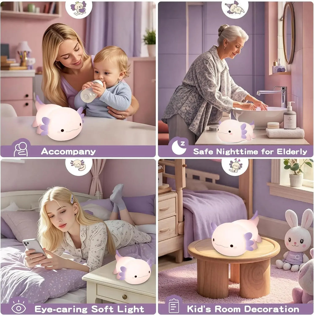 Night Light for Kids,Cute Purple Axolotl Lamp ,LED Squishy Nursery Nightlight,  Soft Silicone Novelty Animal Bedside Lamp